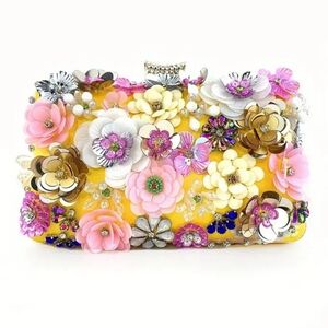 Exquisite 3D Beaded Floral Rhinestone Statement Clutch ~ Metal Closure, Strap